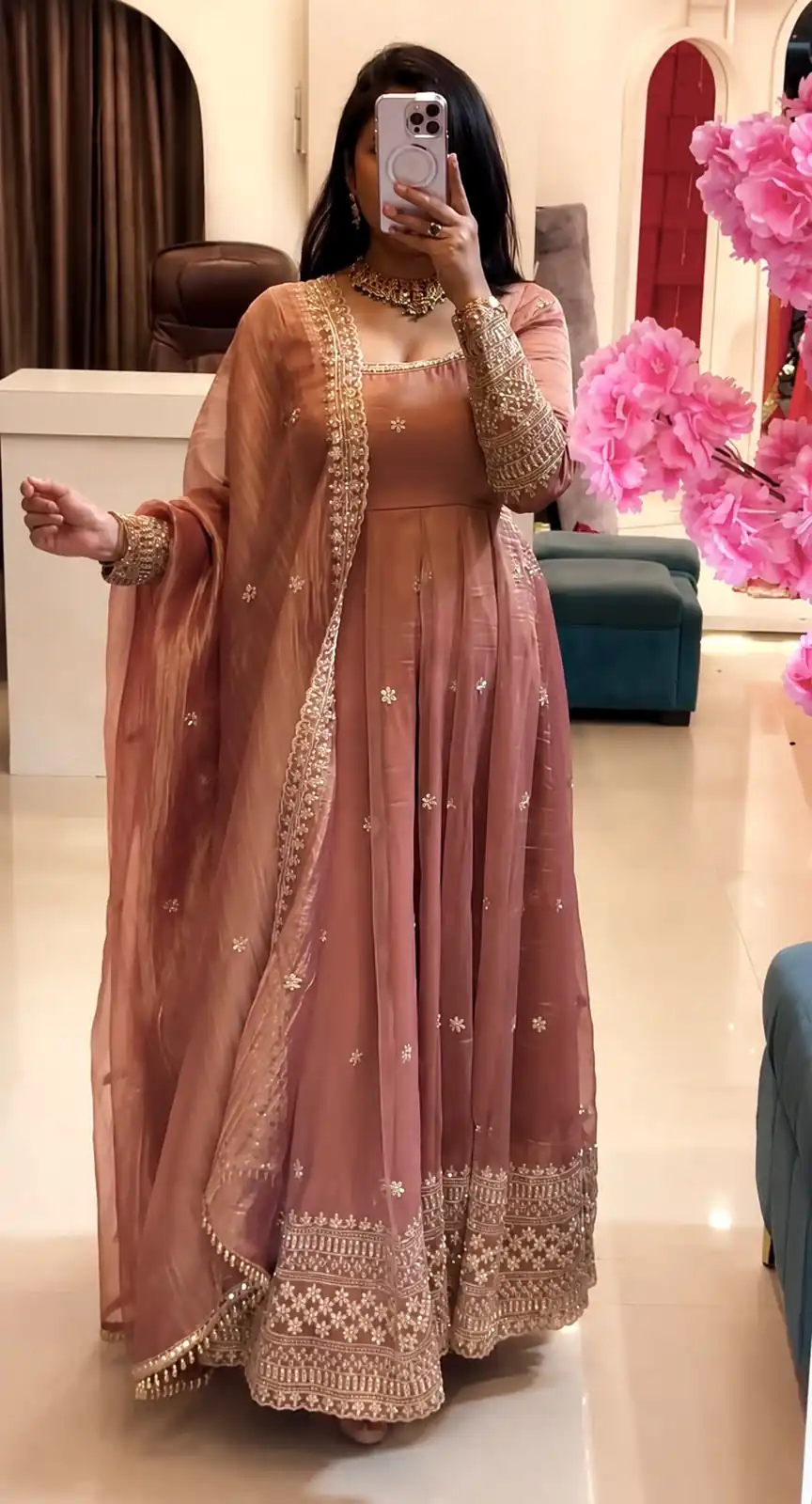 SSR 547 Peach in Crunchy Silk Embroidery Work & Lace Work Gown . Special Price ₹2399. Delivery 4-6 Working Days. Shop now. | Bollywood Gowns, Creative Gowns, Designer Gowns, Embroidered Gowns, Gowns, Party Wear Gowns