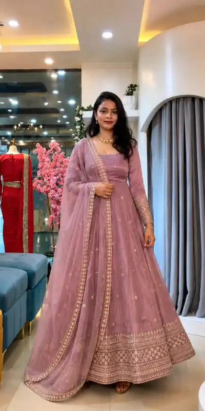 SSR 547 Pink in Crunchy Silk Embroidery Work & Lace Work Gown . Special Price ₹2399. Delivery 4-6 Working Days. Shop now. | Bollywood Gowns, Creative Gowns, Designer Gowns, Embroidered Gowns, Gowns, Party Wear Gowns