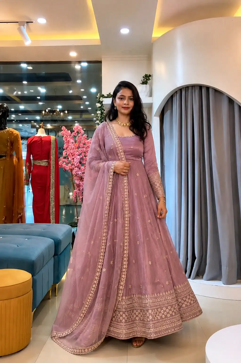 SSR 547 Pink in Crunchy Silk Embroidery Work & Lace Work Gown . Special Price ₹2399. Delivery 4-6 Working Days. Shop now. | Bollywood Gowns, Creative Gowns, Designer Gowns, Embroidered Gowns, Gowns, Party Wear Gowns