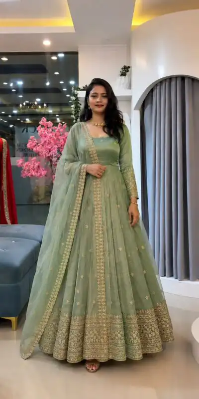 SSR 547 Pista in Crunchy Silk Embroidery Work & Lace Work Gown . Special Price ₹2399. Delivery 4-6 Working Days. Shop now. | Bollywood Gowns, Creative Gowns, Designer Gowns, Embroidered Gowns, Gowns, Party Wear Gowns