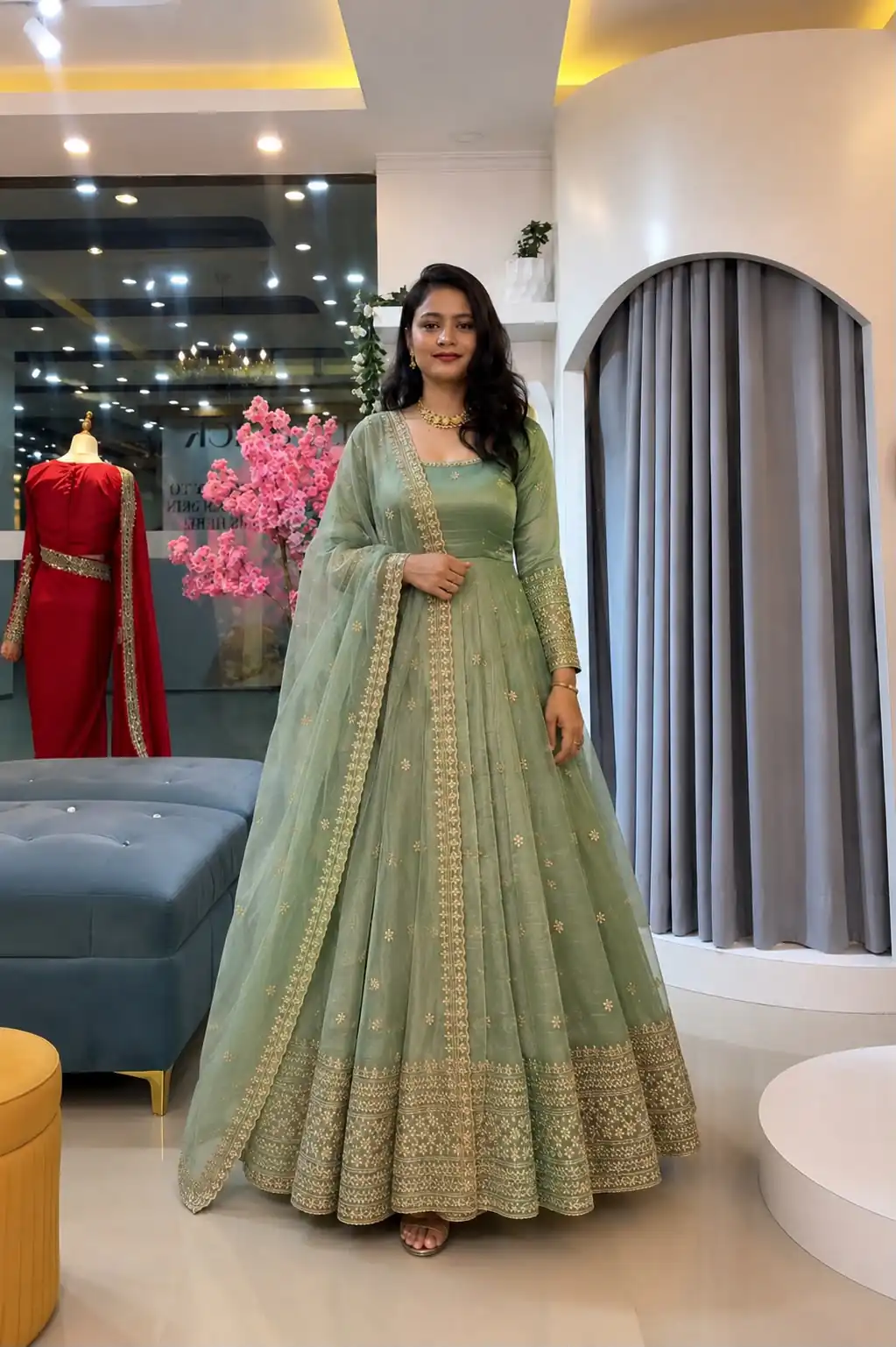 SSR 547 Pista in Crunchy Silk Embroidery Work & Lace Work Gown . Special Price ₹2399. Delivery 4-6 Working Days. Shop now. | Bollywood Gowns, Creative Gowns, Designer Gowns, Embroidered Gowns, Gowns, Party Wear Gowns