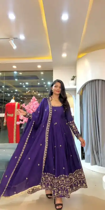 SSR 544 Purple in Crunchy Silk Embroidery Work & Lace Work Gown . Special Price ₹2399. Delivery 4-6 Working Days. Shop now. | Bollywood Gowns, Creative Gowns, Designer Gowns, Embroidered Gowns, Gowns, Party Wear Gowns