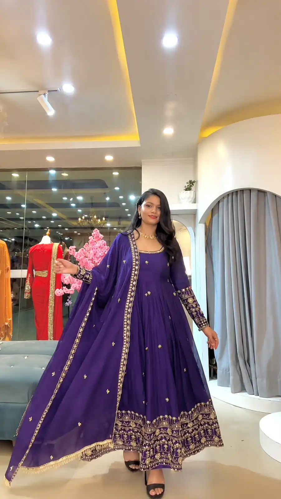 SSR 544 Purple in Crunchy Silk Embroidery Work & Lace Work Gown . Special Price ₹2399. Delivery 4-6 Working Days. Shop now. | Bollywood Gowns, Creative Gowns, Designer Gowns, Embroidered Gowns, Gowns, Party Wear Gowns