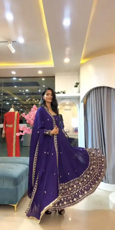 SSR 544 Purple in Crunchy Silk Embroidery Work & Lace Work Gown . Special Price ₹2399. Delivery 4-6 Working Days. Shop now. | Bollywood Gowns, Creative Gowns, Designer Gowns, Embroidered Gowns, Gowns, Party Wear Gowns