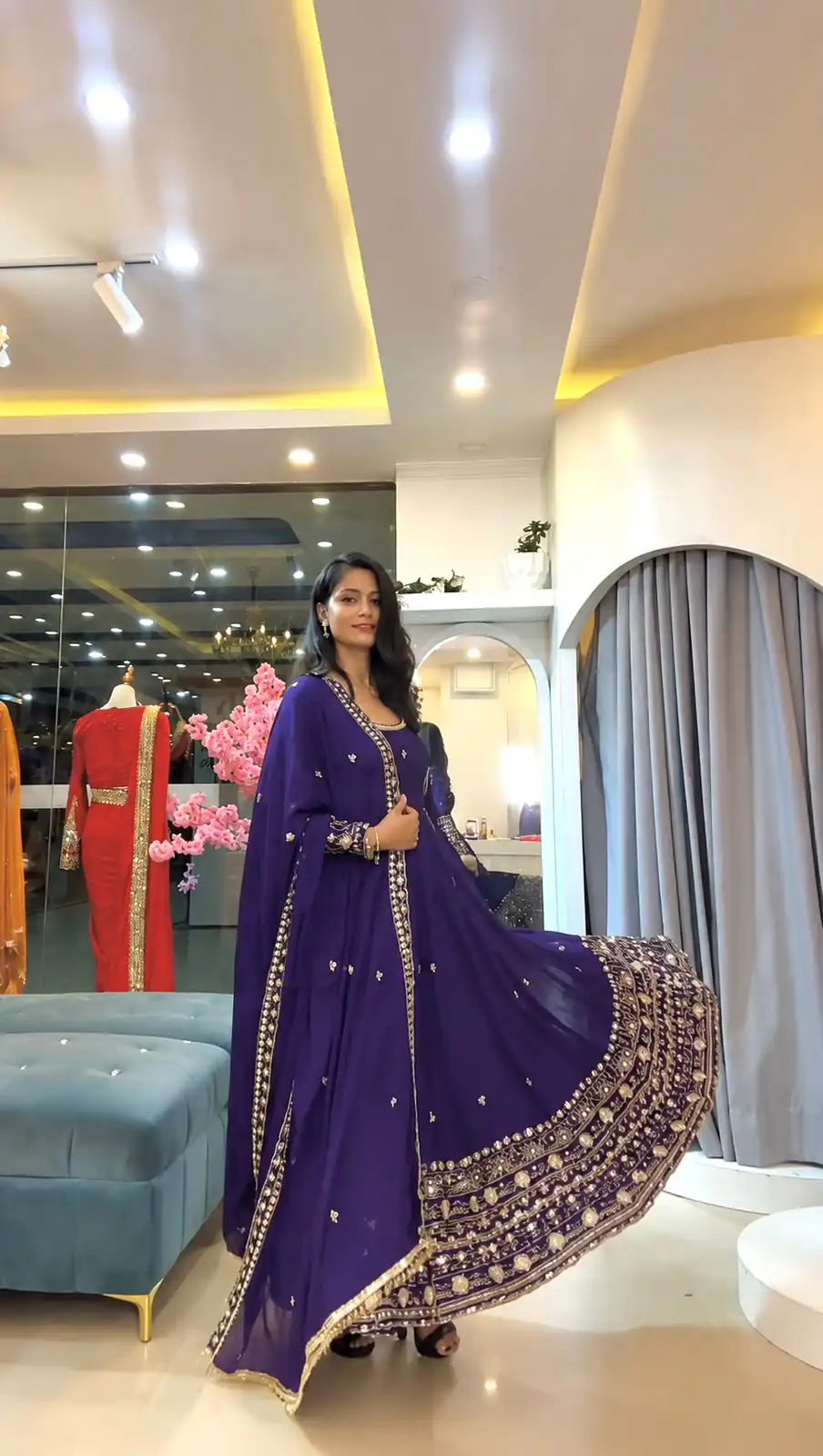 SSR 544 Purple in Crunchy Silk Embroidery Work & Lace Work Gown . Special Price ₹2399. Delivery 4-6 Working Days. Shop now. | Bollywood Gowns, Creative Gowns, Designer Gowns, Embroidered Gowns, Gowns, Party Wear Gowns