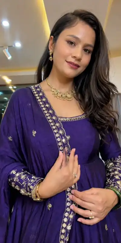 SSR 544 Purple in Crunchy Silk Embroidery Work & Lace Work Gown . Special Price ₹2399. Delivery 4-6 Working Days. Shop now. | Bollywood Gowns, Creative Gowns, Designer Gowns, Embroidered Gowns, Gowns, Party Wear Gowns