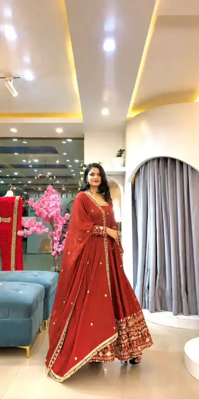 SSR 544 Red Color in Crunchy Silk Embroidery Work & Lace Work Gown . Special Price ₹2399. Delivery 4-6 Working Days. Shop now. | Bollywood Gowns, Creative Gowns, Designer Gowns, Embroidered Gowns, Gowns, Party Wear Gowns