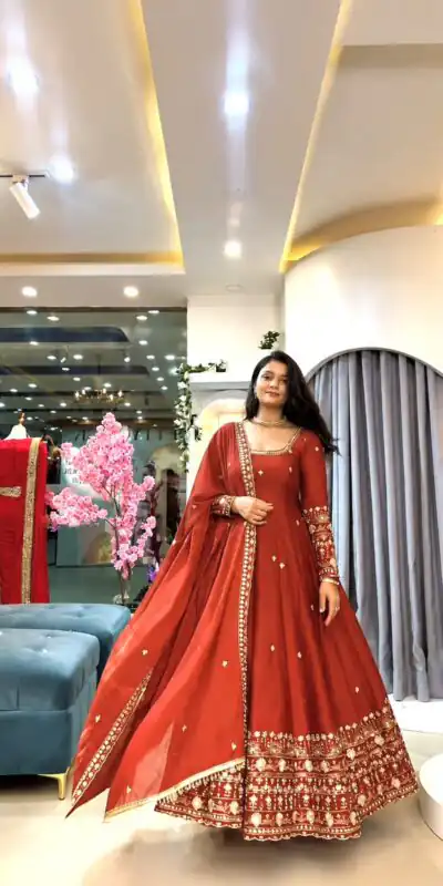 SSR 544 Red Color in Crunchy Silk Embroidery Work & Lace Work Gown . Special Price ₹2399. Delivery 4-6 Working Days. Shop now. | Bollywood Gowns, Creative Gowns, Designer Gowns, Embroidered Gowns, Gowns, Party Wear Gowns