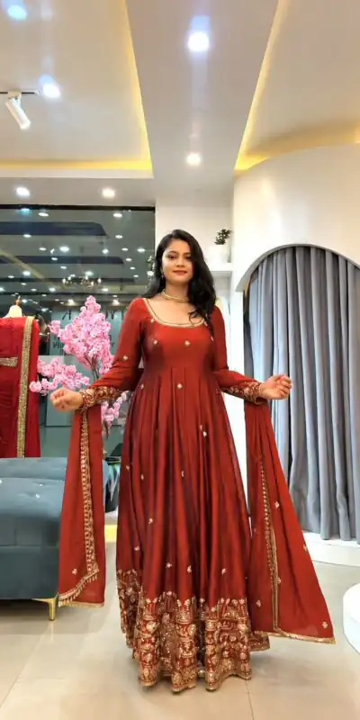 SSR 544 Red Color in Crunchy Silk Embroidery Work & Lace Work Gown . Special Price ₹2399. Delivery 4-6 Working Days. Shop now. | Bollywood Gowns, Creative Gowns, Designer Gowns, Embroidered Gowns, Gowns, Party Wear Gowns