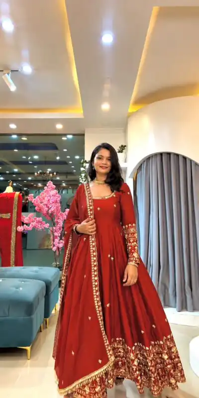 SSR 544 Red Color in Crunchy Silk Embroidery Work & Lace Work Gown . Special Price ₹2399. Delivery 4-6 Working Days. Shop now. | Bollywood Gowns, Creative Gowns, Designer Gowns, Embroidered Gowns, Gowns, Party Wear Gowns