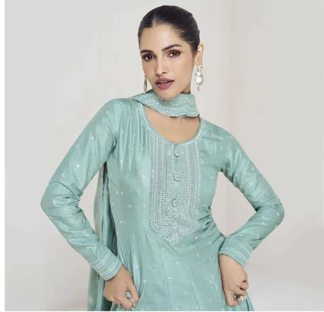 FC 10011 Sky Blue Vichitra Silk Gown Perfect for Wedding, Party, Holi, Anniversary, Mehendi –. Grab it for ₹2649. Delivery 4-6 Working Days. Shop now. | Bollywood Gowns, Creative Gowns, Designer Gowns, Embroidered Gowns, Gowns, Party Wear Gowns