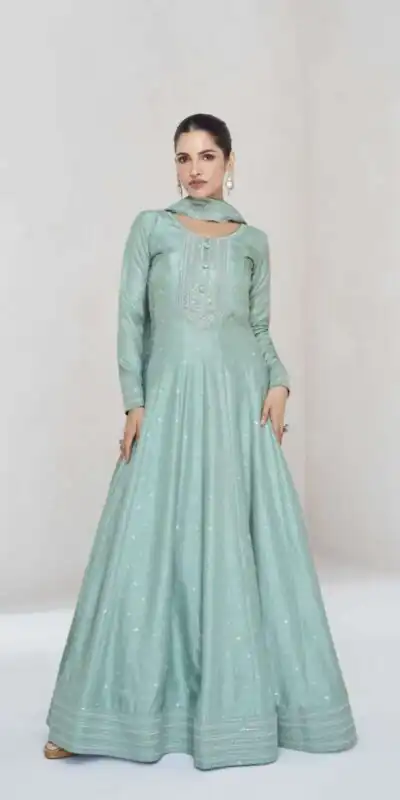 FC 10011 Sky Blue Vichitra Silk Gown Perfect for Wedding, Party, Holi, Anniversary, Mehendi –. Grab it for ₹2649. Delivery 4-6 Working Days. Shop now. | Bollywood Gowns, Creative Gowns, Designer Gowns, Embroidered Gowns, Gowns, Party Wear Gowns
