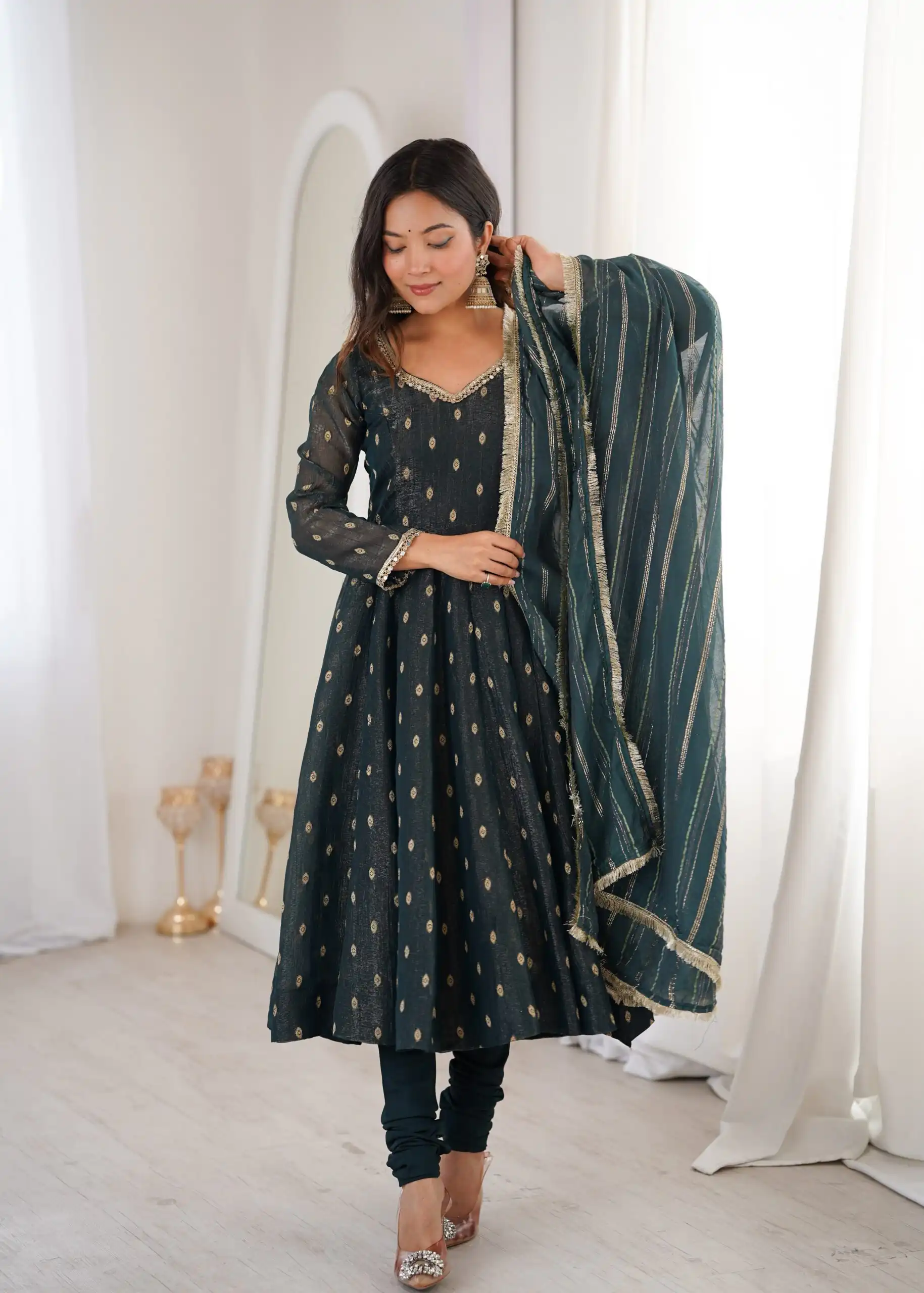 ZF 5021 Teal in Crunchy Silk Embroidery Work & Lace Work Gown . Special Price ₹2099. Delivery 4-6 Working Days. Shop now. | Bollywood Gowns, Creative Gowns, Designer Gowns, Embroidered Gowns, Gowns, Party Wear Gowns