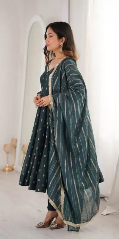ZF 5021 Teal in Crunchy Silk Embroidery Work & Lace Work Gown . Special Price ₹2099. Delivery 4-6 Working Days. Shop now. | Bollywood Gowns, Creative Gowns, Designer Gowns, Embroidered Gowns, Gowns, Party Wear Gowns
