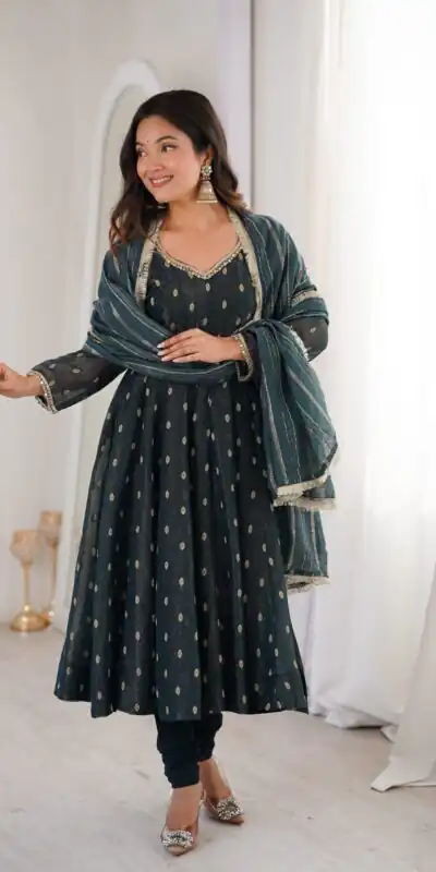 ZF 5021 Teal in Crunchy Silk Embroidery Work & Lace Work Gown . Special Price ₹2099. Delivery 4-6 Working Days. Shop now. | Bollywood Gowns, Creative Gowns, Designer Gowns, Embroidered Gowns, Gowns, Party Wear Gowns