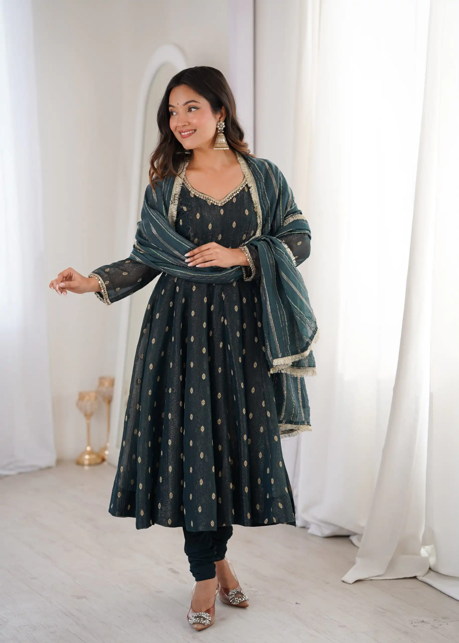 ZF 5021 Teal in Crunchy Silk Embroidery Work & Lace Work Gown . Special Price ₹2099. Delivery 4-6 Working Days. Shop now. | Bollywood Gowns, Creative Gowns, Designer Gowns, Embroidered Gowns, Gowns, Party Wear Gowns