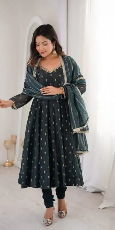 ZF 5021 Teal in Crunchy Silk Embroidery Work & Lace Work Gown . Special Price ₹2099. Delivery 4-6 Working Days. Shop now. | Bollywood Gowns, Creative Gowns, Designer Gowns, Embroidered Gowns, Gowns, Party Wear Gowns