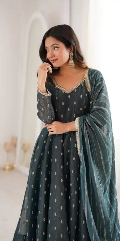 ZF 5021 Teal in Crunchy Silk Embroidery Work & Lace Work Gown . Special Price ₹2099. Delivery 4-6 Working Days. Shop now. | Bollywood Gowns, Creative Gowns, Designer Gowns, Embroidered Gowns, Gowns, Party Wear Gowns