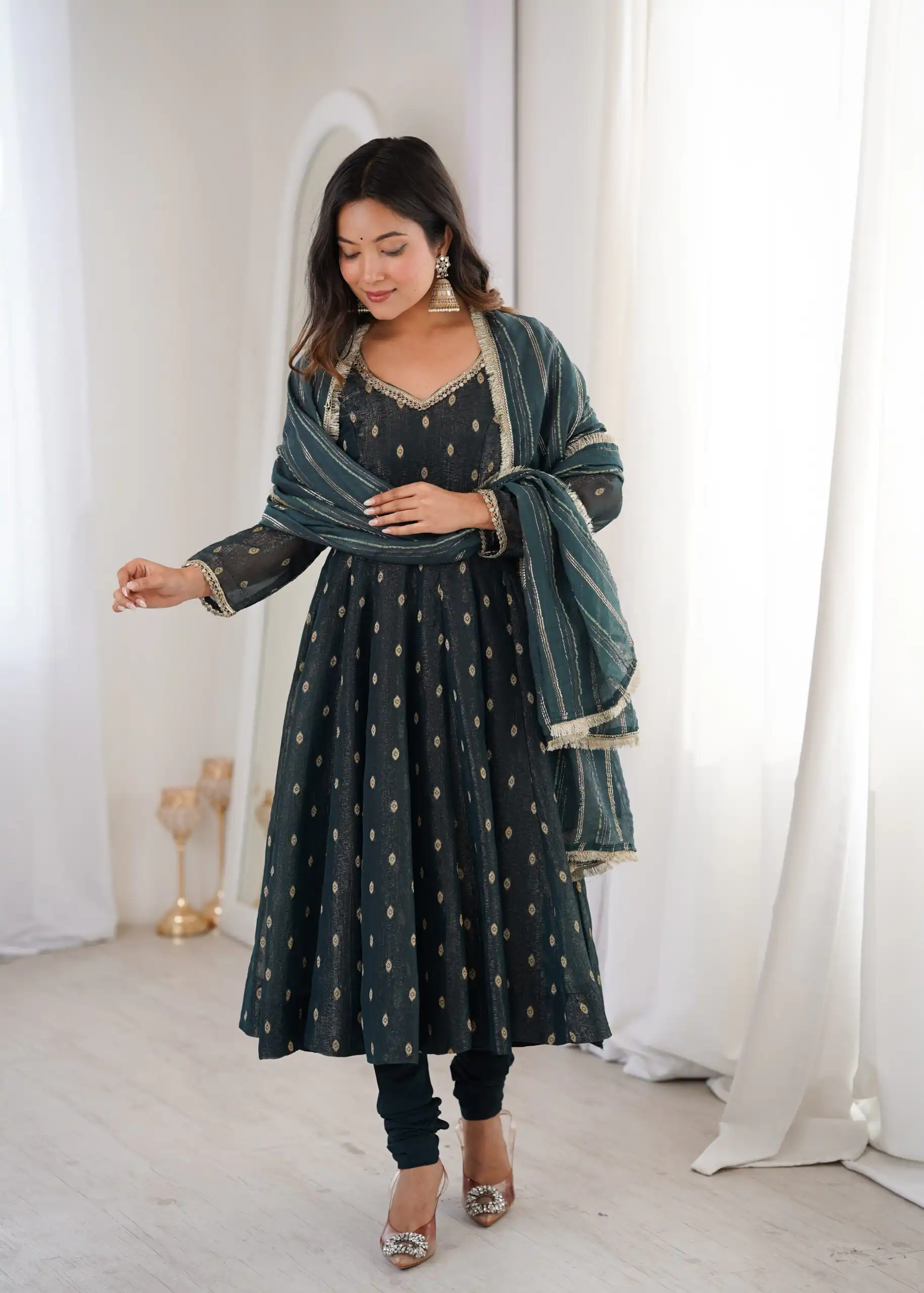 ZF 5021 Teal in Crunchy Silk Embroidery Work & Lace Work Gown . Special Price ₹2099. Delivery 4-6 Working Days. Shop now. | Bollywood Gowns, Creative Gowns, Designer Gowns, Embroidered Gowns, Gowns, Party Wear Gowns