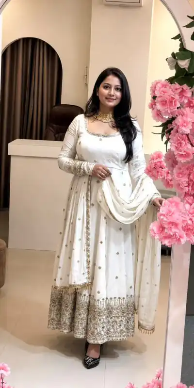 SSR 544 White in Crunchy Silk Embroidery Work & Lace Work Gown . Special Price ₹2399. Delivery 4-6 Working Days. Shop now. | Bollywood Gowns, Creative Gowns, Designer Gowns, Embroidered Gowns, Gowns, Party Wear Gowns