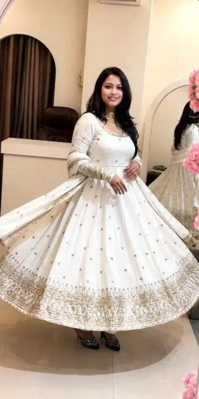 SSR 544 White in Crunchy Silk Embroidery Work & Lace Work Gown . Special Price ₹2399. Delivery 4-6 Working Days. Shop now. | Bollywood Gowns, Creative Gowns, Designer Gowns, Embroidered Gowns, Gowns, Party Wear Gowns