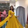 SSR 544 Yellow in Crunchy Silk Embroidery Work & Lace Work Gown . Special Price ₹2399. Delivery 4-6 Working Days. Shop now. | Bollywood Gowns, Creative Gowns, Designer Gowns, Embroidered Gowns, Gowns, Party Wear Gowns