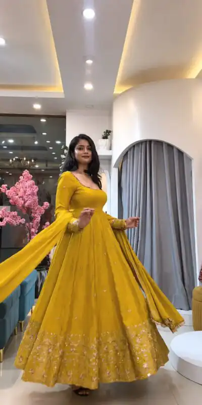 SSR 544 Yellow in Crunchy Silk Embroidery Work & Lace Work Gown . Special Price ₹2399. Delivery 4-6 Working Days. Shop now. | Bollywood Gowns, Creative Gowns, Designer Gowns, Embroidered Gowns, Gowns, Party Wear Gowns