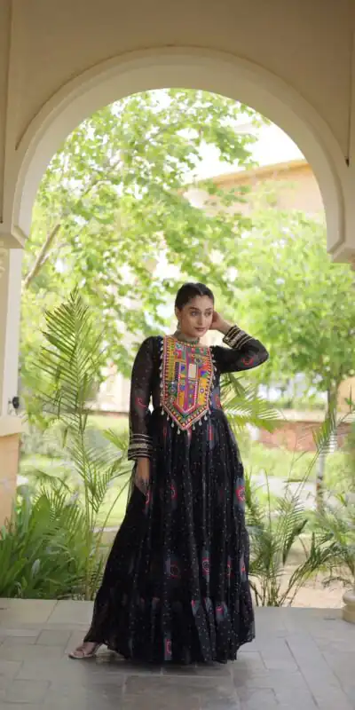 KA 1267 Black in Colour Faux Georgette Bandhani Print Work Gown. Available at ₹1919 only. Delivery 4-6 Working Days. Shop now. | Bollywood Gowns, Creative Gowns, Designer Gowns, Embroidered Gowns, Gowns, Party Wear Gowns