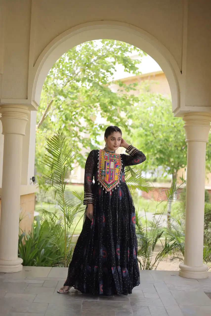 KA 1267 Black in Colour Faux Georgette Bandhani Print Work Gown. Available at ₹1919 only. Delivery 4-6 Working Days. Shop now. | Bollywood Gowns, Creative Gowns, Designer Gowns, Embroidered Gowns, Gowns, Party Wear Gowns