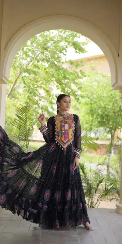 KA 1267 Black in Colour Faux Georgette Bandhani Print Work Gown. Available at ₹1919 only. Delivery 4-6 Working Days. Shop now. | Bollywood Gowns, Creative Gowns, Designer Gowns, Embroidered Gowns, Gowns, Party Wear Gowns