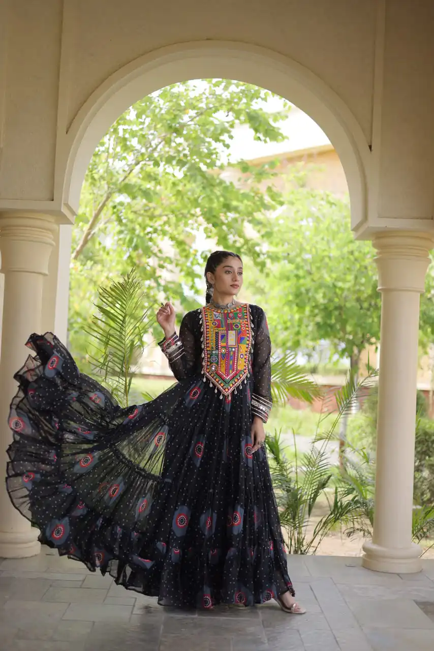 KA 1267 Black in Colour Faux Georgette Bandhani Print Work Gown. Available at ₹1919 only. Delivery 4-6 Working Days. Shop now. | Bollywood Gowns, Creative Gowns, Designer Gowns, Embroidered Gowns, Gowns, Party Wear Gowns