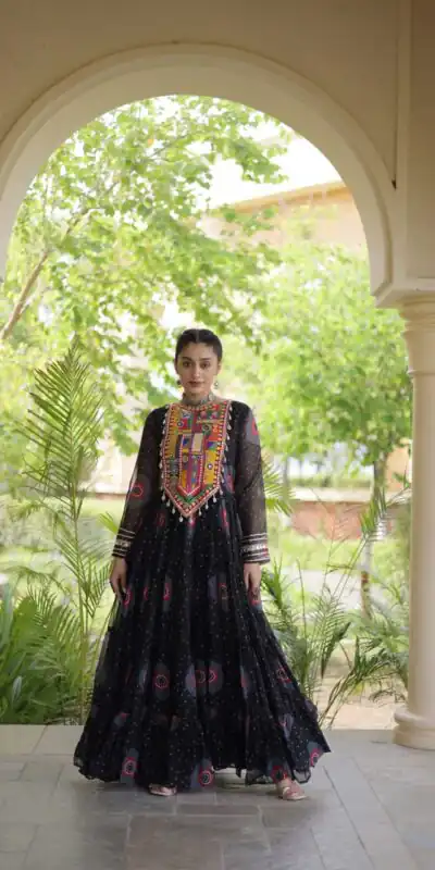 KA 1267 Black in Colour Faux Georgette Bandhani Print Work Gown. Available at ₹1919 only. Delivery 4-6 Working Days. Shop now. | Bollywood Gowns, Creative Gowns, Designer Gowns, Embroidered Gowns, Gowns, Party Wear Gowns