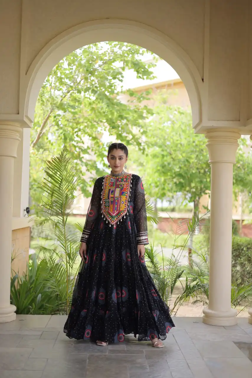 KA 1267 Black in Colour Faux Georgette Bandhani Print Work Gown. Available at ₹1919 only. Delivery 4-6 Working Days. Shop now. | Bollywood Gowns, Creative Gowns, Designer Gowns, Embroidered Gowns, Gowns, Party Wear Gowns