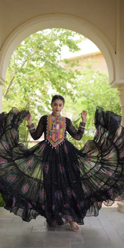 KA 1267 Black in Colour Faux Georgette Bandhani Print Work Gown. Available at ₹1919 only. Delivery 4-6 Working Days. Shop now. | Bollywood Gowns, Creative Gowns, Designer Gowns, Embroidered Gowns, Gowns, Party Wear Gowns