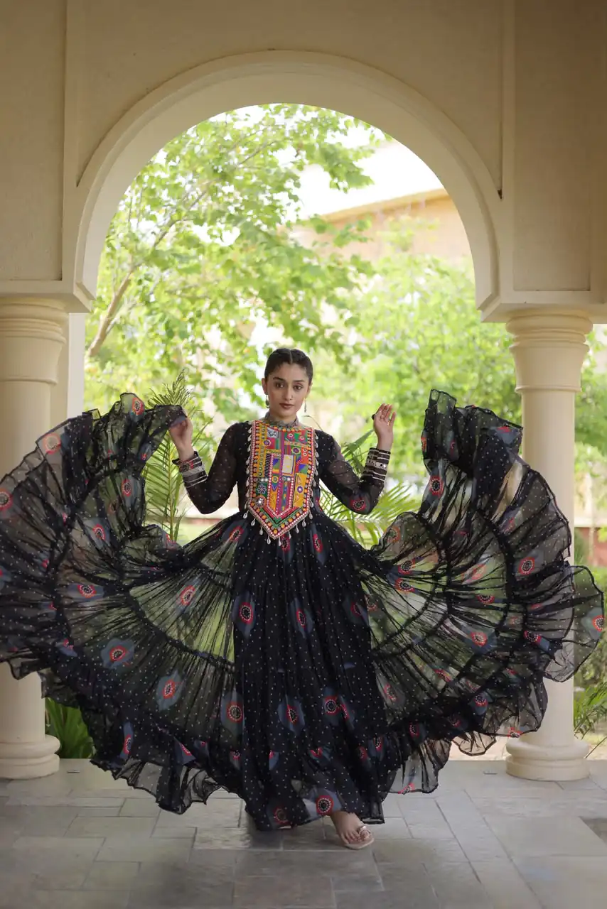 KA 1267 Black in Colour Faux Georgette Bandhani Print Work Gown. Available at ₹1919 only. Delivery 4-6 Working Days. Shop now. | Bollywood Gowns, Creative Gowns, Designer Gowns, Embroidered Gowns, Gowns, Party Wear Gowns
