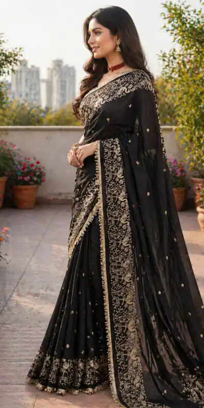 BT 446 Black Black Star Georgette Saree with Lace Work & Embroidery Work. Festive Deal ₹1799. Delivery 4-6 Working Days. Shop now. | Bollywood Sarees, Creative Sarees, Designer Sarees, Embroidered Sarees, Ethnic Saree, Modern Digital sarees, Party Wear Sarees, Sarees