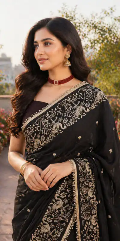 BT 446 Black Black Star Georgette Saree with Lace Work & Embroidery Work. Festive Deal ₹1799. Delivery 4-6 Working Days. Shop now. | Bollywood Sarees, Creative Sarees, Designer Sarees, Embroidered Sarees, Ethnic Saree, Modern Digital sarees, Party Wear Sarees, Sarees