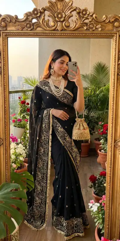 BT 446 Black Black Star Georgette Saree with Lace Work & Embroidery Work. Festive Deal ₹1799. Delivery 4-6 Working Days. Shop now. | Bollywood Sarees, Creative Sarees, Designer Sarees, Embroidered Sarees, Ethnic Saree, Modern Digital sarees, Party Wear Sarees, Sarees
