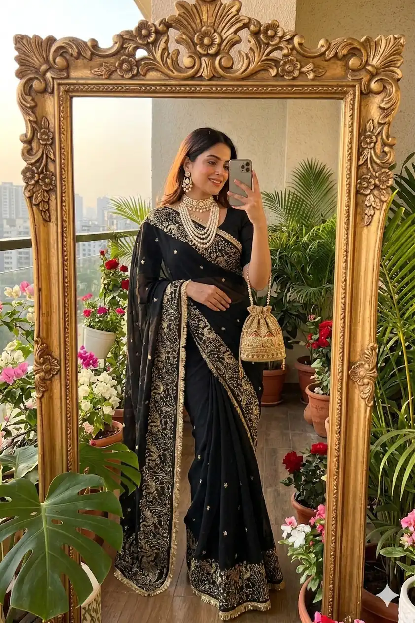 BT 446 Black Black Star Georgette Saree with Lace Work & Embroidery Work. Festive Deal ₹1799. Delivery 4-6 Working Days. Shop now. | Bollywood Sarees, Creative Sarees, Designer Sarees, Embroidered Sarees, Ethnic Saree, Modern Digital sarees, Party Wear Sarees, Sarees