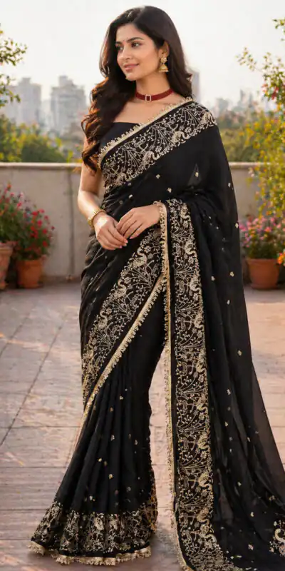 BT 446 Black Black Star Georgette Saree with Lace Work & Embroidery Work. Festive Deal ₹1799. Delivery 4-6 Working Days. Shop now. | Bollywood Sarees, Creative Sarees, Designer Sarees, Embroidered Sarees, Ethnic Saree, Modern Digital sarees, Party Wear Sarees, Sarees