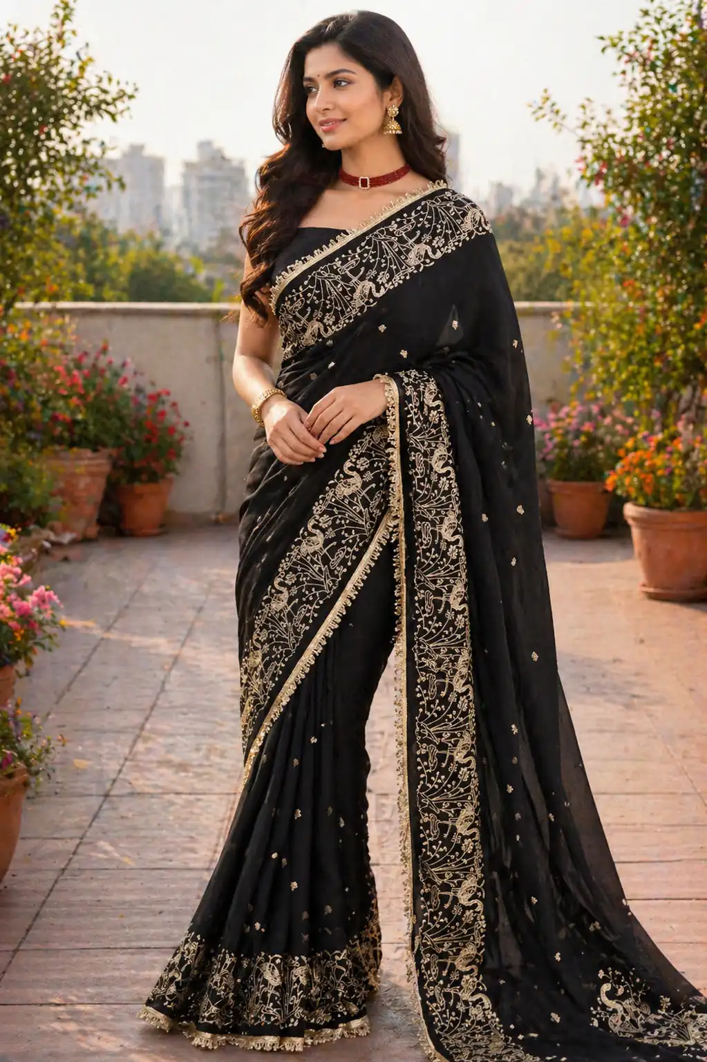 BT 446 Black Black Star Georgette Saree with Lace Work & Embroidery Work. Festive Deal ₹1799. Delivery 4-6 Working Days. Shop now. | Bollywood Sarees, Creative Sarees, Designer Sarees, Embroidered Sarees, Ethnic Saree, Modern Digital sarees, Party Wear Sarees, Sarees