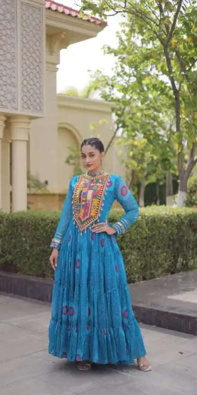 KA 1267 Blue in Colour Faux Georgette Bandhani Print Work Gown. Available at ₹1919 only. Delivery 4-6 Working Days. Shop now. | Bollywood Gowns, Creative Gowns, Designer Gowns, Embroidered Gowns, Gowns, Party Wear Gowns