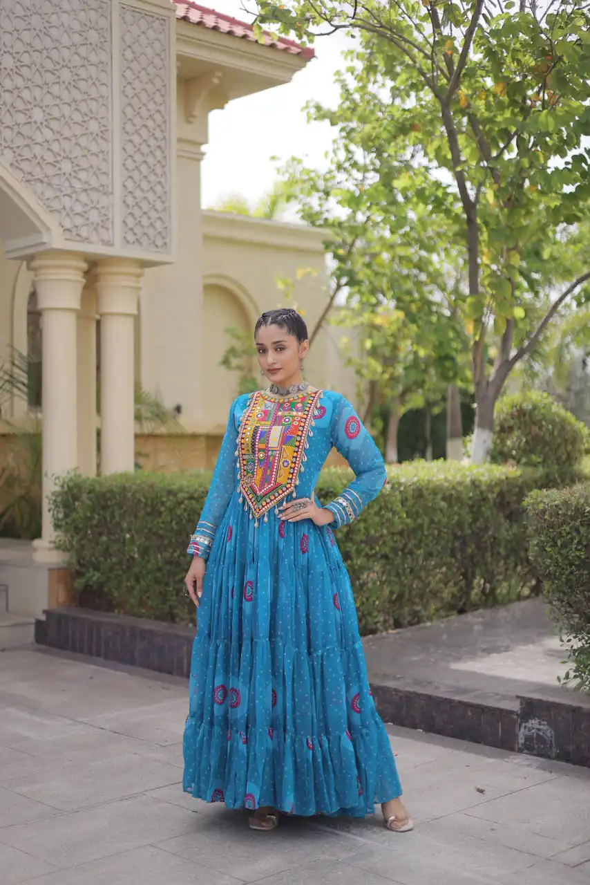 KA 1267 Blue in Colour Faux Georgette Bandhani Print Work Gown. Available at ₹1919 only. Delivery 4-6 Working Days. Shop now. | Bollywood Gowns, Creative Gowns, Designer Gowns, Embroidered Gowns, Gowns, Party Wear Gowns