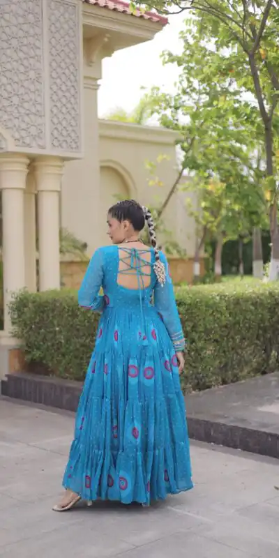 KA 1267 Blue in Colour Faux Georgette Bandhani Print Work Gown. Available at ₹1919 only. Delivery 4-6 Working Days. Shop now. | Bollywood Gowns, Creative Gowns, Designer Gowns, Embroidered Gowns, Gowns, Party Wear Gowns
