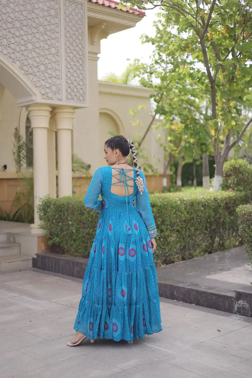 KA 1267 Blue in Colour Faux Georgette Bandhani Print Work Gown. Available at ₹1919 only. Delivery 4-6 Working Days. Shop now. | Bollywood Gowns, Creative Gowns, Designer Gowns, Embroidered Gowns, Gowns, Party Wear Gowns