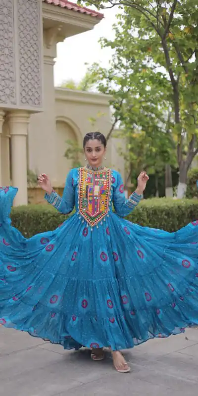 KA 1267 Blue in Colour Faux Georgette Bandhani Print Work Gown. Available at ₹1919 only. Delivery 4-6 Working Days. Shop now. | Bollywood Gowns, Creative Gowns, Designer Gowns, Embroidered Gowns, Gowns, Party Wear Gowns