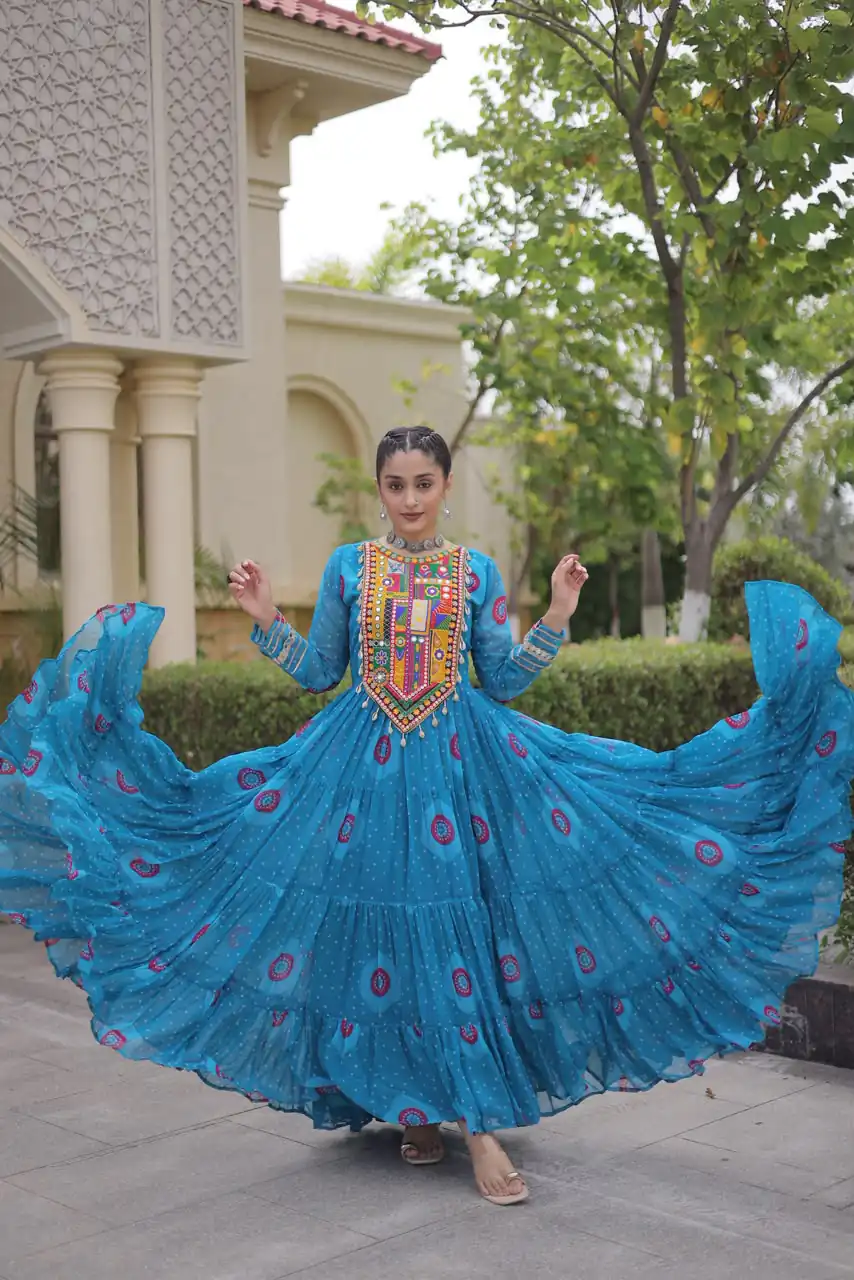 KA 1267 Blue in Colour Faux Georgette Bandhani Print Work Gown. Available at ₹1919 only. Delivery 4-6 Working Days. Shop now. | Bollywood Gowns, Creative Gowns, Designer Gowns, Embroidered Gowns, Gowns, Party Wear Gowns