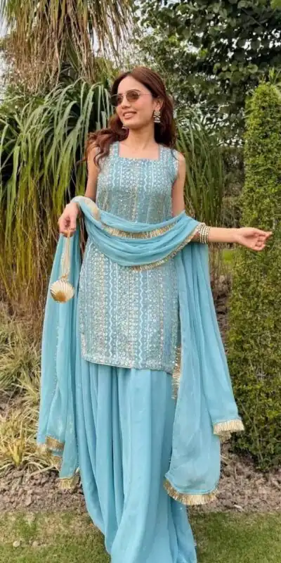 ZD 10010 Blue in Fox Georgette. Sequins Work & Embroidery Work Salwar Suit Special Price ₹2399. Delivery 4-6 Working Days. Shop now. | Jump Suits, Straight Suits, Casual Suits, Creative suits, Designer Suits, Palazzo Suits, Party Wear Suits, Patiala Suits, Salwar suit