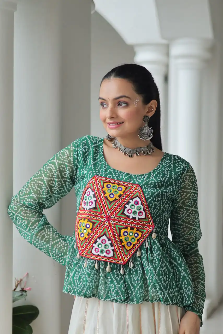 KA 1185 Green Bandhani Kurti. Perfect for Wedding, Party, Ethnic Day, Festival Celebrations, Sangeet – Get it for ₹1419. Delivery 4-6 Working Days. | Bollywood Kurti, Creative Kurtis, Designer Kurti, Kurti, Party Wear Kurti, Selfie Kurti