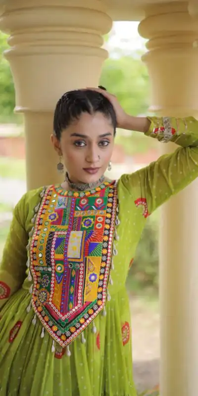 KA 1267 Green in Colour Faux Georgette Bandhani Print Work Gown. Available at ₹1919 only. Delivery 4-6 Working Days. Shop now. | Bollywood Gowns, Creative Gowns, Designer Gowns, Embroidered Gowns, Gowns, Party Wear Gowns